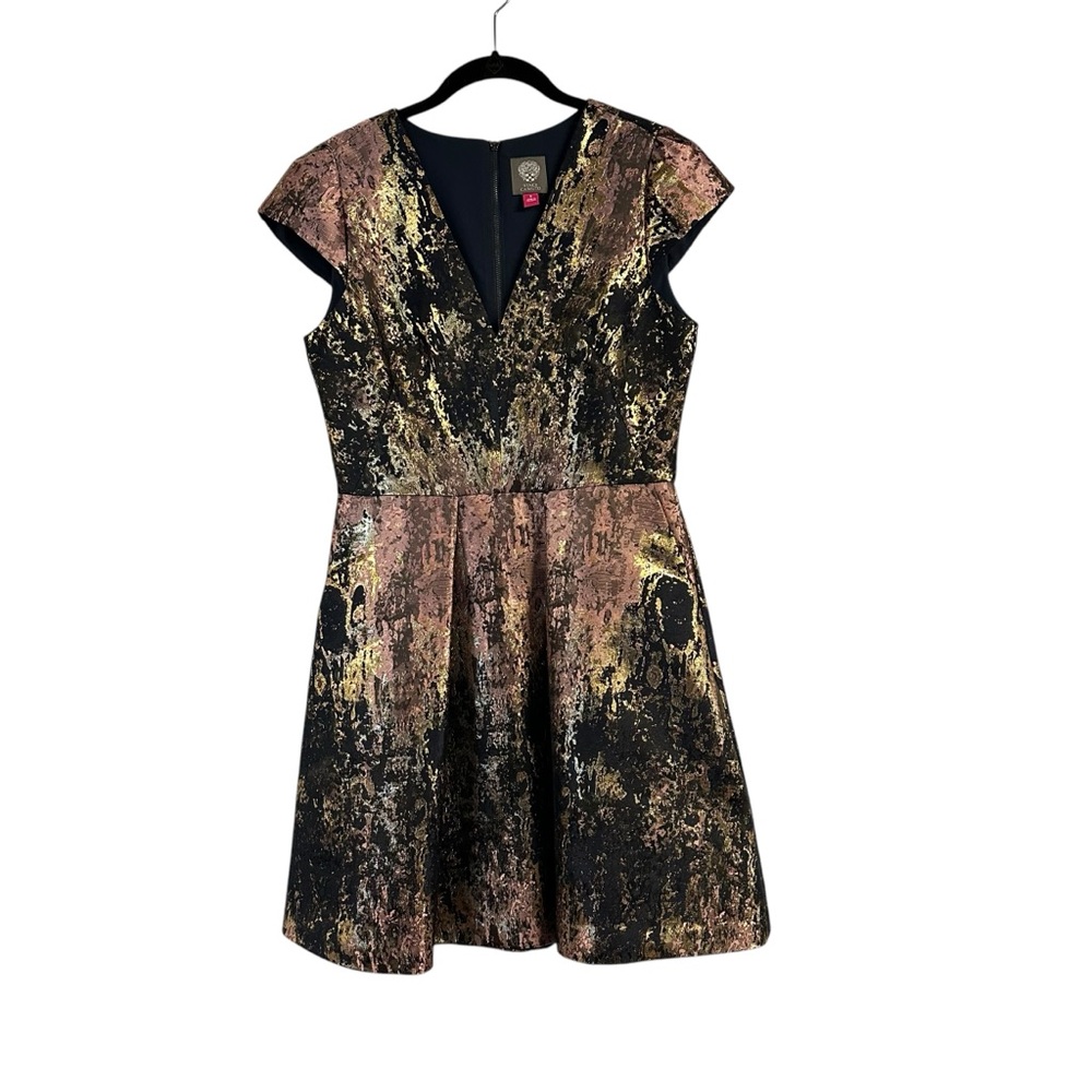 Vince Camuto Navy Metallic Dress Rose Gold Pattern Fit n Flare Evening Cocktail